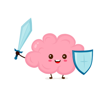Cute strong happy smiling healthy brain with sword and shield character. Vector flat cartoon illustration icon design. Isolated on white background. Healthy brain protection conceptのイラスト素材