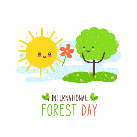 Cute happy sun gives flower to tree. International forest day card.Vector hand drawing style character illustration card desgin.Isolated on white background.Sun,love forest conceptのイラスト素材