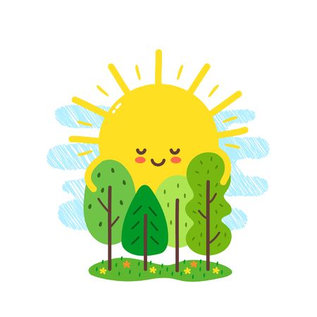 Cute happy sun hugs trees. Vector hand drawing style character illustration card desgin. Isolated on white background. Spring,sun, love forest trees,good morning card conceptのイラスト素材