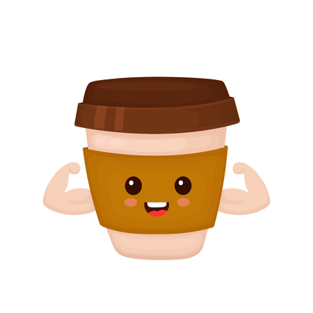 Happy cute strong coffee paper cup shows muscles. Vector flat cartoon character illustration icon.Isolated on white background. Cute strong paper cup character,cafe,coffee to go conceptのイラスト素材