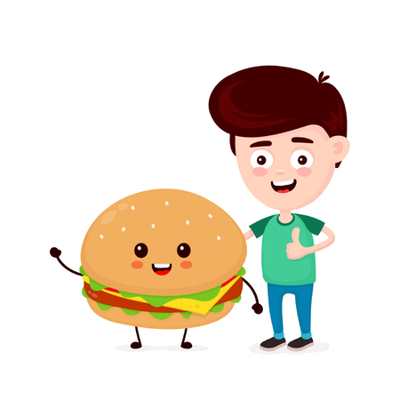 Cute happy funny young man and burgerのイラスト素材
