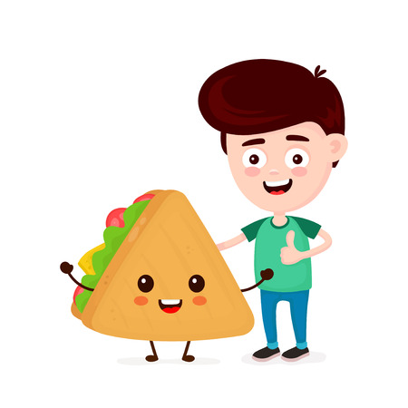Cute happy funny smiling young man and sandwich. Boy show thumb up. Vector flat cartoon character icon design. Isolated on white background. Sandwich,friends,fast food cafe kids menu conceptのイラスト素材