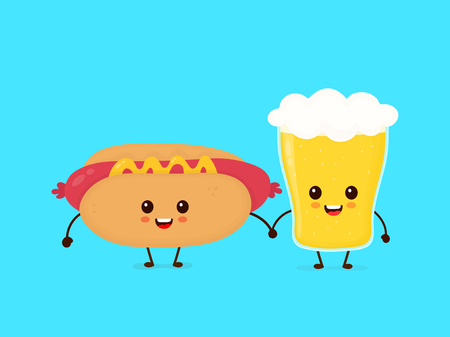 Cute funny smiling happy hot dog and glass of beer.Vector flat cartoon character illustration icon design. Fast food, cafe,bar,pub menu, hot dog and glass of beer conceptのイラスト素材