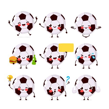 Cute happy smiling Football ball character set collection. Vector flat cartoon illustration icon design. Isolated on white background. Soccer ball character conceptのイラスト素材