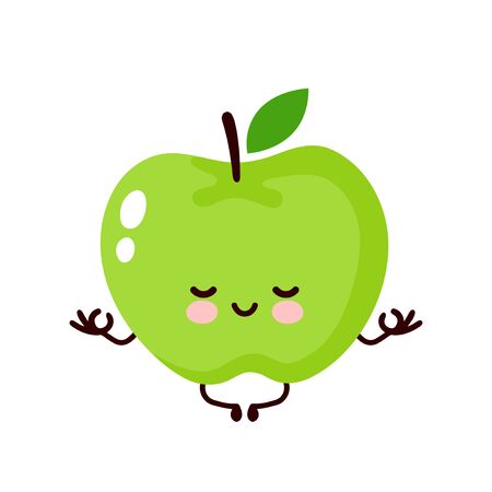 Cute happy apple meditate in lotus yoga pose. Vector flat cartoon illustration character icon design. Isolated on white background. Apple relax conceptのイラスト素材