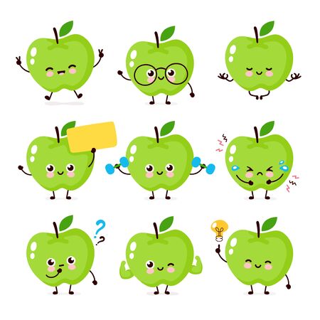 Cute happy smiling apple character set collection. Vector flat cartoon illustration icon design. Isolated on white background. Apple character conceptのイラスト素材