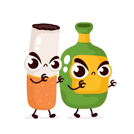 Angry scary alcohol bottle and cigarette character. Vector flat cartoon illustration icon design. Isolated on white background.Alcohol addiction and smoke kill conceptのイラスト素材