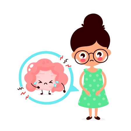 Sad sick young women with intestine problem. Vector flat cartoon illustration icon design. Isolated on white background. Digestive tract, stomach, stomachache, pain,sick,ache conceptのイラスト素材