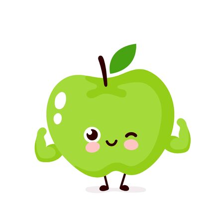Cute strong smiling happy apple show muscle biceps.Vector flat cartoon character illustration icon design. Isolated on white background.Apple character conceptのイラスト素材