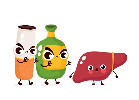 Angry scary alcohol bottle and cigarette kill liver character. Vector flat cartoon illustration icon design. Isolated on white background.Alcohol addiction and smoke kill liver conceptのイラスト素材