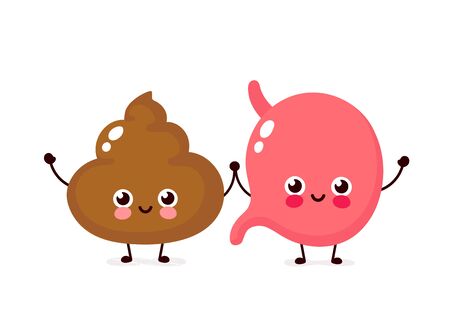 Cute happy smiling stomach and poop character. Vector flat cartoon illustration icon design. Isolated on white background. Stomach and shit friends character conceptのイラスト素材