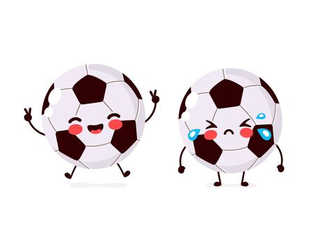 Cute happy smiling and sad cry Football ball character. Vector flat cartoon illustration icon design. Isolated on white background. Football ball character conceptのイラスト素材