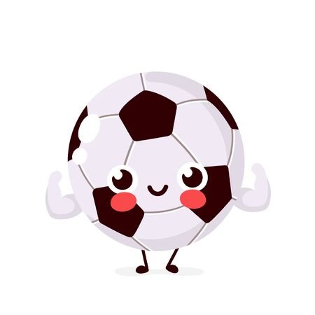 Cute strong smiling happy Football ball show muscle biceps.Vector flat cartoon character illustration icon design. Isolated on white background.Football ball conceptのイラスト素材