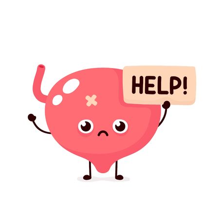 Sad suffering sick cute human bladder organ asks for help character. Vector flat cartoon illustration icon design. Isolated on white backgound. Suffering unhealthy bladder character conceptのイラスト素材