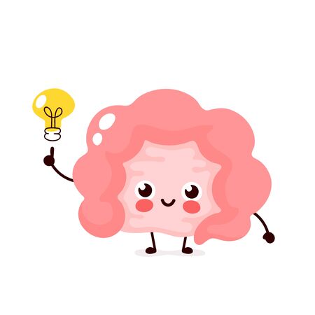 Happy cute intestine with lightbulb character.Vector flat style illustration icon design. Isolated on white background. Intestine have idea conceptのイラスト素材