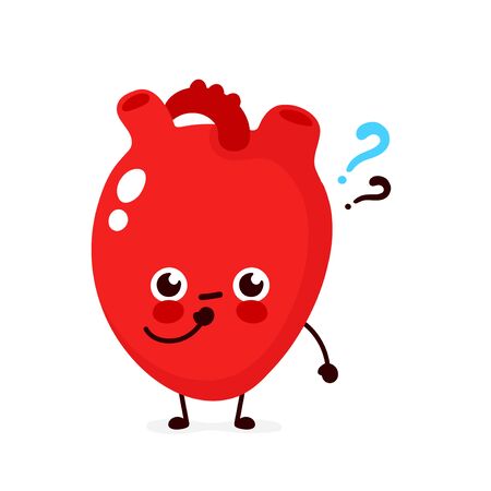 Cute heart with question mark character. Vector flat cartoon character illustration icon design. Isolated on white background. Heart thinking conceptのイラスト素材