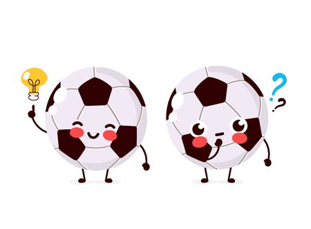 Cute football ball with question mark and lightbulb character. Vector flat cartoon character illustration icon design. Isolated on white background. Soccer ball have idea conceptのイラスト素材