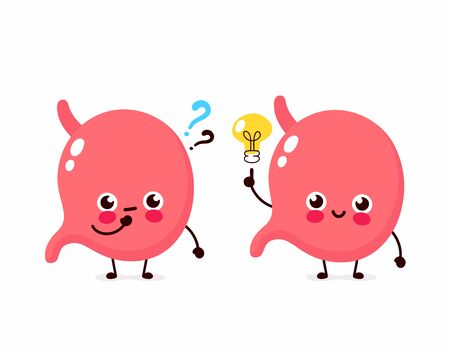 Cute stomach with question mark and lightbulb character. Vector flat cartoon character illustration icon design. Isolated on white background. Stomach have idea conceptのイラスト素材