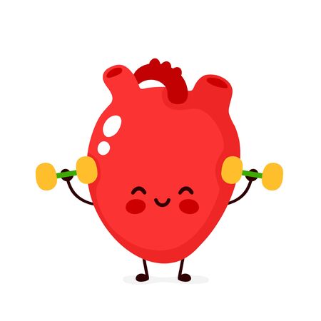 Cute happy smiling heart organ doing exercises with dumbbells. Vector modern flat style cartoon character illustration. Isolated on white background. Heart, fitness, sport concept designのイラスト素材
