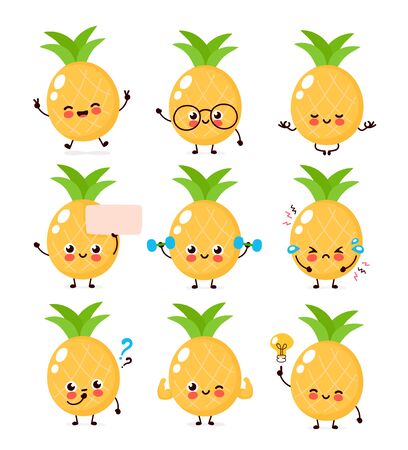 Cute happy smiling pineapple character set collection. Vector flat cartoon illustration icon design. Isolated on white background. Pineapple character conceptのイラスト素材
