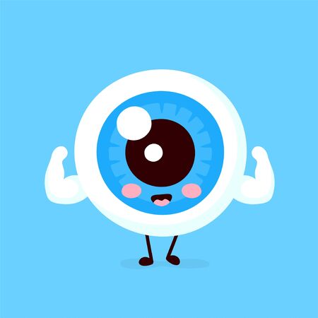 Cute healthy strong smiling happy eyeball show muscle biceps.Vector flat cartoon character illustration icon design. Isolated on white background.Healthy eye conceptのイラスト素材