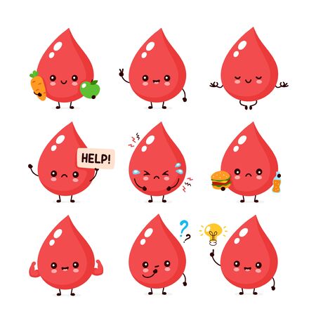 Cute happy smiling and sad blood drop character set collection. Vector flat cartoon illustration icon design. Isolated on white background. Blood character conceptのイラスト素材