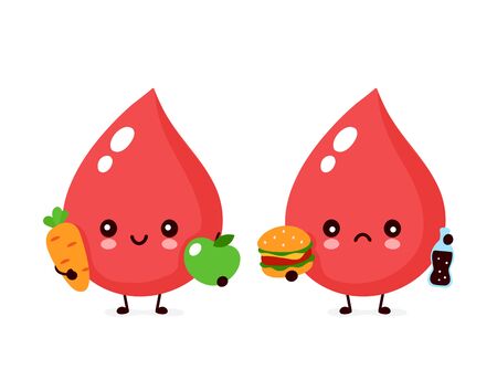 Cute sad unhealthy blood drop with burger and soda and healthy character. Vector modern trendy flat style cartoon illustration icon design. Isolated on white background. Blood drop character conceptのイラスト素材