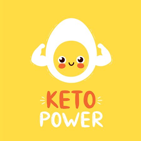 Cute strong smiling happy egg show muscle biceps. Keto power card design.Vector flat cartoon character illustration icon design. Isolated on white background.Egg character conceptのイラスト素材