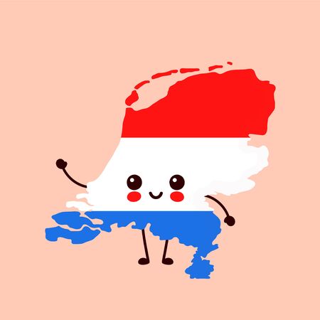 Cute funny smiling happy Netherlands map and flag character. Vector cartoon character illustration icon design. Netherlands map outline conceptのイラスト素材