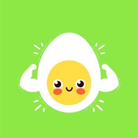 Cute strong smiling happy egg show muscle biceps. Vector flat cartoon character illustration icon design. Isolated on white background.Egg character conceptのイラスト素材