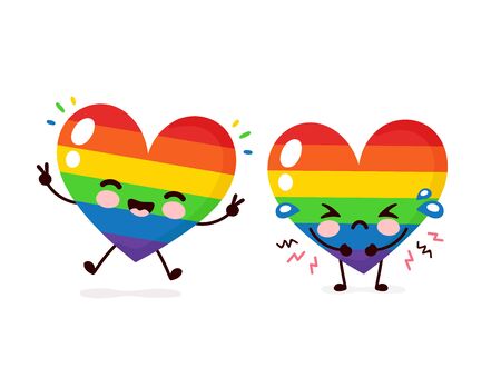 Cute happy smiling and sad cry LGBT heart character. Vector flat cartoon illustration icon design. Isolated on white background. Human rights. LGBTQ. Gay pride conceptのイラスト素材