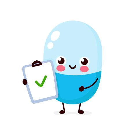 Cute strong happy smiling pill hold check list character. Vector flat cartoon illustration icon design. Isolated on white background. Pill character conceptのイラスト素材