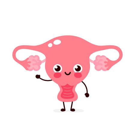 Cute healthy happy human uterus organ character. Vector flat cartoon illustration icon design. Isolated on white background. Uterus character conceptのイラスト素材