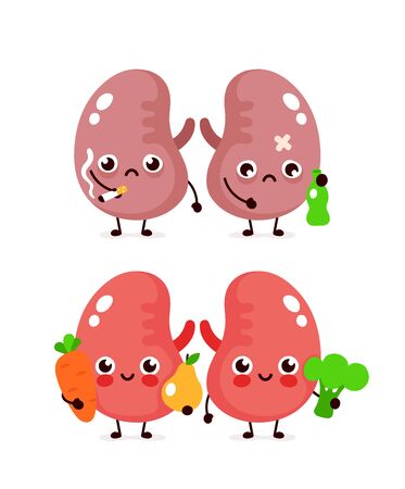 Happy cute smiling healthy with broccoli and apple and sad sick kidneys with bottle of alcohol and cigarette. Vector modern cartoon character illustration icon design. Healthy and unhealthy kidneysのイラスト素材