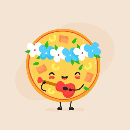 Cute happy hawaiian pizza character. Vector flat cartoon illustration icon design. Isolated on white background. Pizza character conceptのイラスト素材