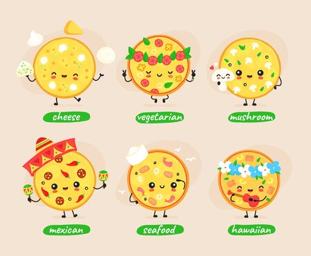 Cute happy pizza character set collection. Vector flat cartoon illustration icon design. Isolated on white background. Pizza character conceptのイラスト素材