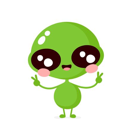 Cute happy smiling friendly alien character show peace sign. Vector flat cartoon illustration icon design. Isolated on white background. Alien character conceptのイラスト素材