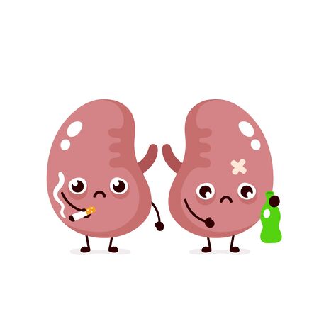 Unhealthy sad sick kidneys with bottle of alcohol and cigarette. Vector modern style cartoon character illustration icon design. Sick couple of human kidneys, bad habits conceptのイラスト素材