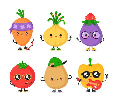 Happy cute smiling vegerable set. Vector flat cartoon trendy style character illustration collection.Isolated on white background. Cute carrot,onion,tomato,potato, pepper,eggplant setのイラスト素材