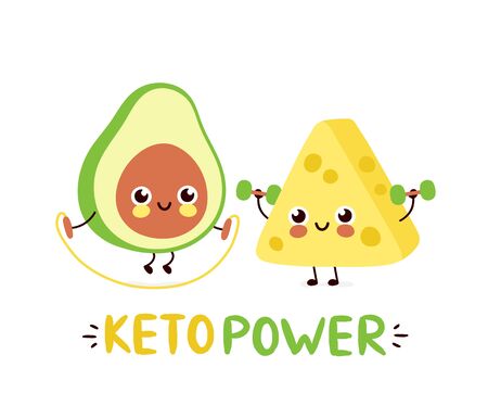 Cute strong smiling happy avocado and cheese make gym. Keto power card design.Vector flat cartoon character illustration icon design. Isolated on white background.Avocado and cheese character conceptのイラスト素材