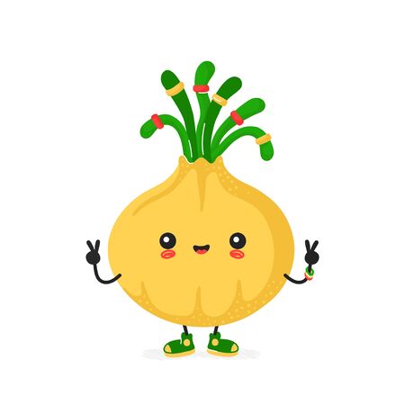 Cute happy smiling hippie onion character. Vector modern trendy flat style cartoon illustration icon design. Isolated on white background. Onion character conceptのイラスト素材
