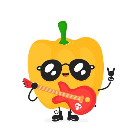Cute happy smiling rock pepper with guitar character. Vector modern trendy flat style cartoon illustration icon design. Isolated on white background. Pepper character conceptのイラスト素材