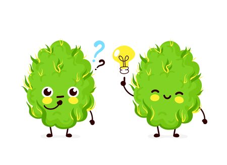Cute funny smiling happy marijuana weed bud with question mark and idea.Vector flat cartoon character illustration icon design. Isolated on white background.Weed bud,marijuana,medical cannabis conceptのイラスト素材