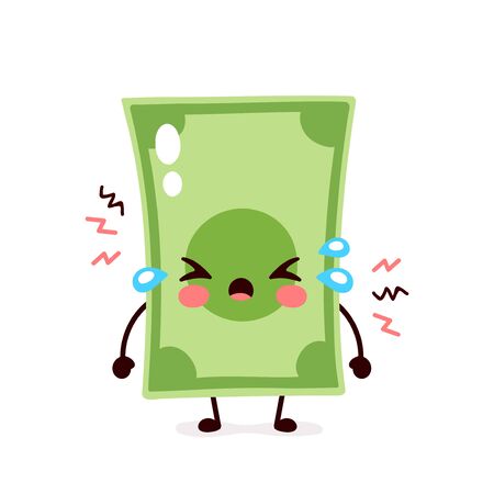 Cute sad cry money banknote. Vector flat cartoon character illustration icon design. Isolated on white background. Dollar bill,money,finance crisis,banknote conceptのイラスト素材