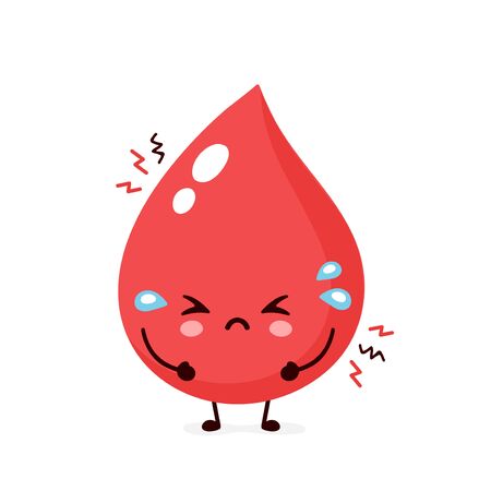 Cute sad unhealthy blood drop character. Vector modern trendy flat style cartoon illustration icon design. Isolated on white background. Blood drop character conceptのイラスト素材