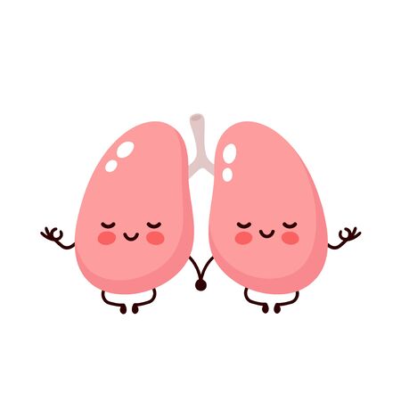 Strong cute healthy happy lungs meditate in lotus yoga pose. Vector flat cartoon illustration character icon design. Isolated on white background. Lungs character conceptのイラスト素材