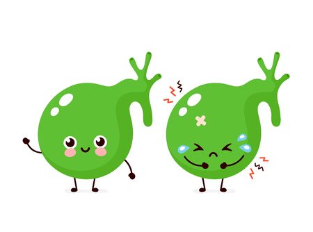 Sad unhealthy sick and happy smiling healthy strong human gallbladder organ. Vector modern style cartoon character illustration icon. Isolated on white background. Gallbladder pain conceptのイラスト素材