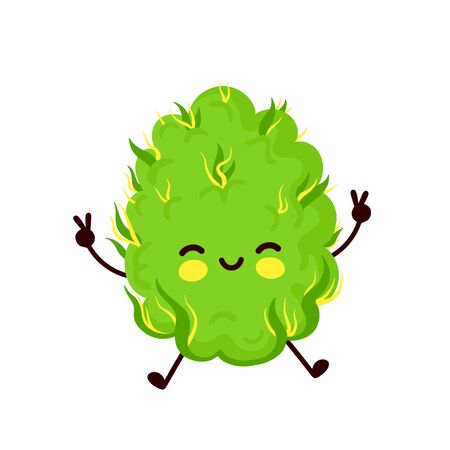 Cute funny smiling happy marijuana weed bud jump.Vector flat cartoon character illustration icon design. Isolated on white background.Weed bud,marijuana,medical cannabis conceptのイラスト素材