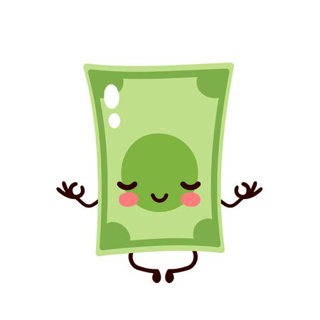 Strong happy money banknote meditate in lotus yoga pose. Vector flat cartoon character illustration icon design. Isolated on white background. Dollar bill,money,banknote conceptのイラスト素材