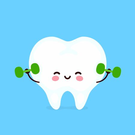 Cute happy smiling tooth doing exercises with dumbbells. Vector modern flat style cartoon character illustration. Isolated on white background.Tooth,teeth,dentist,dental care conceptのイラスト素材